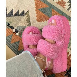 UGG Fluffita Fluff Yeah Pink Cozy Platform Slippers Shearling Slingback Sandal S